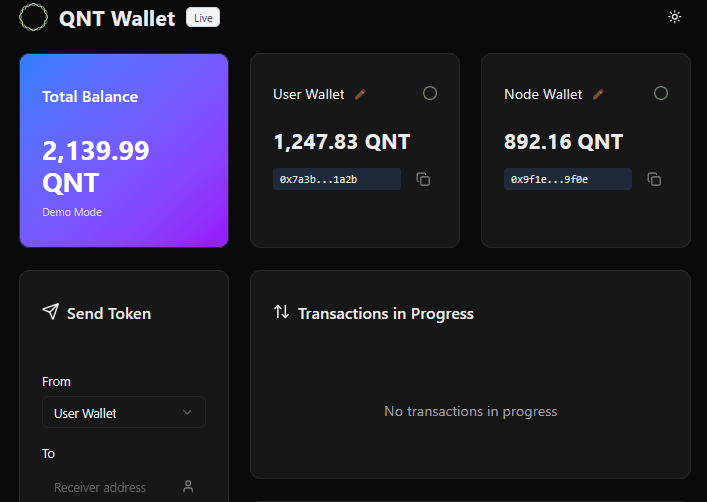 QNT Wallet with self-custodied balance management, no bank required. QNT Wallet with self-custodied balance management, no bank required.